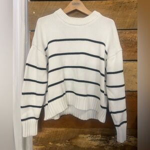 Quince Cream Crewneck Sweater with Black Stripes